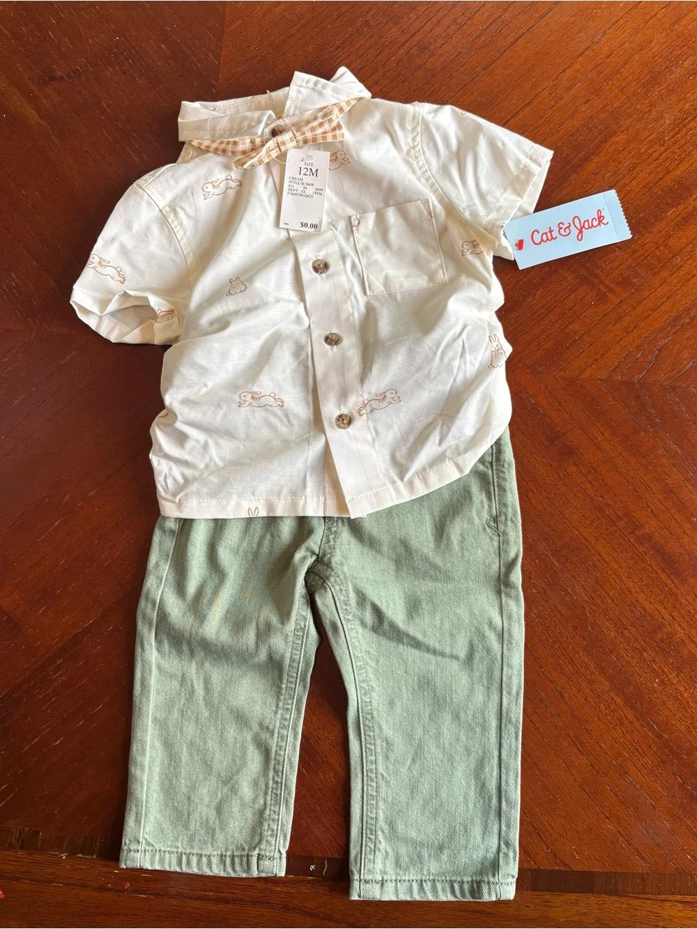 NWT Cat & Jack Cream Button-Up Shirt with Tan Bunny Print 2 piece set TR127